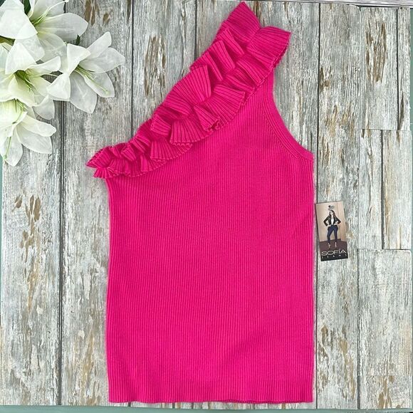 Sofia Vergara One Shoulder Ruffled Knit Tank Top Shirt Size XS - Picture 2 of 9
